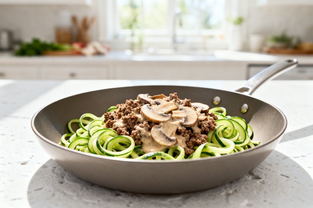 bout 30–40°) realistic food photo of the exact same finished keto beef stroganoff: browned grass-fed