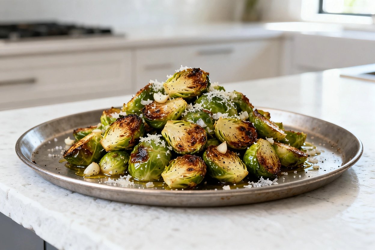 –40 degree camera perspective showing the same finished keto garlic Brussels sprouts (same look and