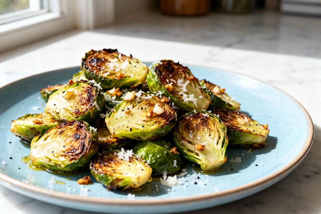  shot at 30–45 degrees of the same plated keto garlic Brussels sprouts on the same light blue cerami