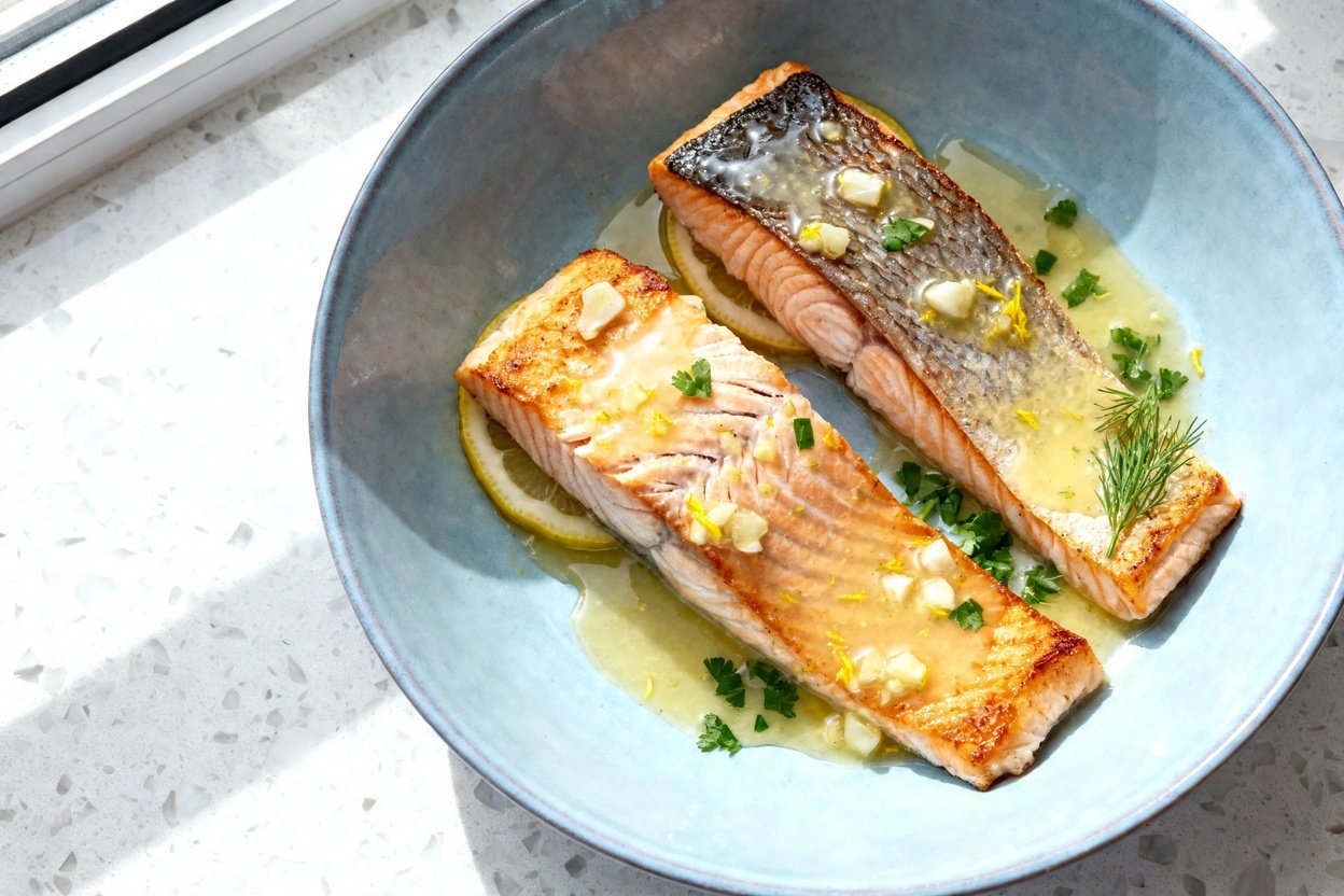 top-down food photograph of a one-pan keto lemon garlic salmon: two skin-on salmon fillets with cri