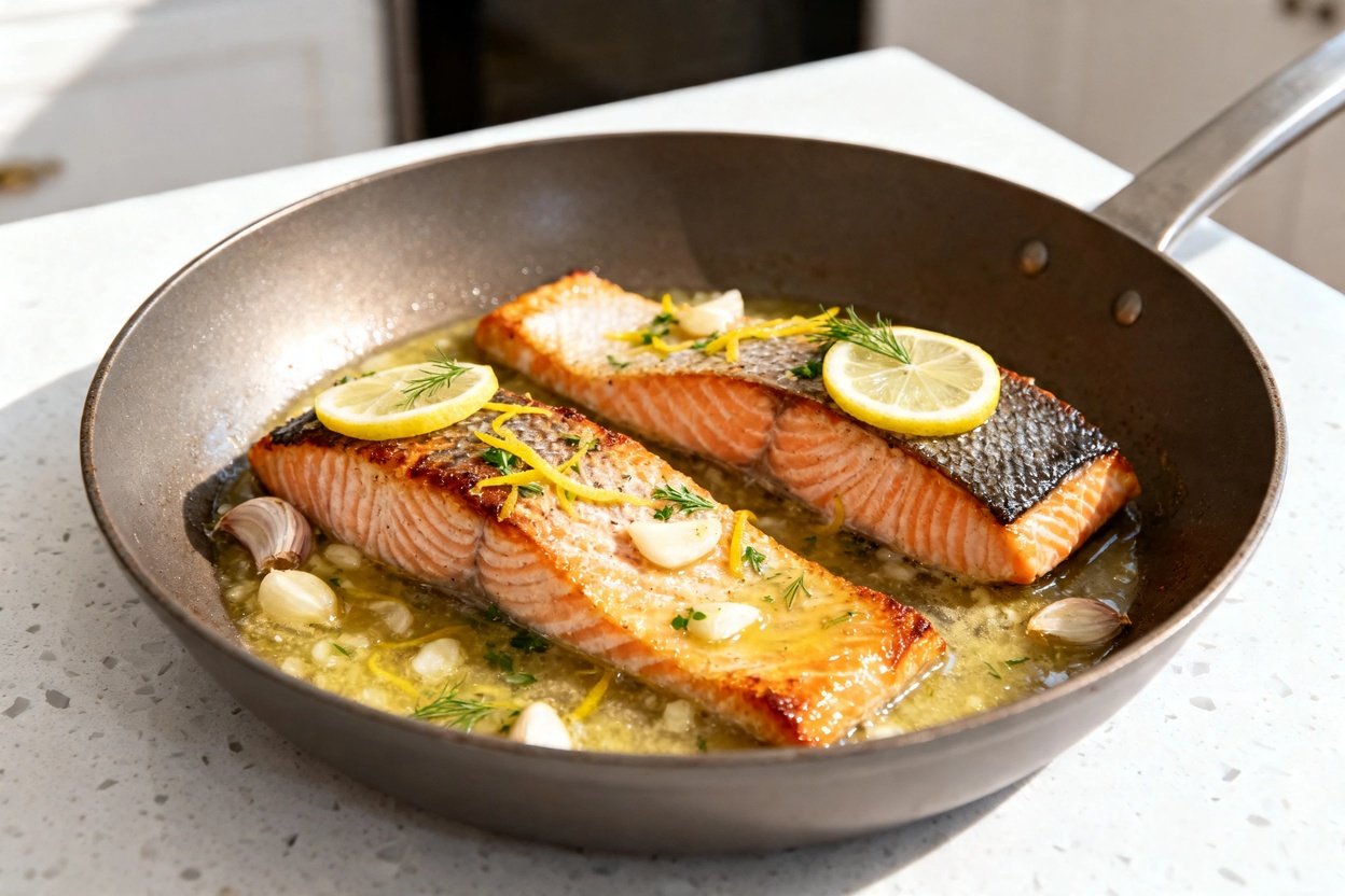 –40° camera perspective showing the exact same finished one-pan keto lemon garlic salmon (two skin-o