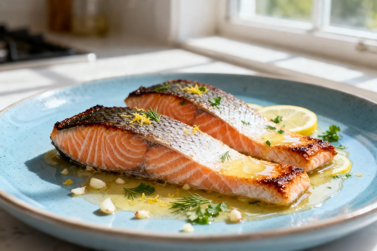 up hero food photo of the same plated one-pan keto lemon garlic salmon on the same light blue cerami