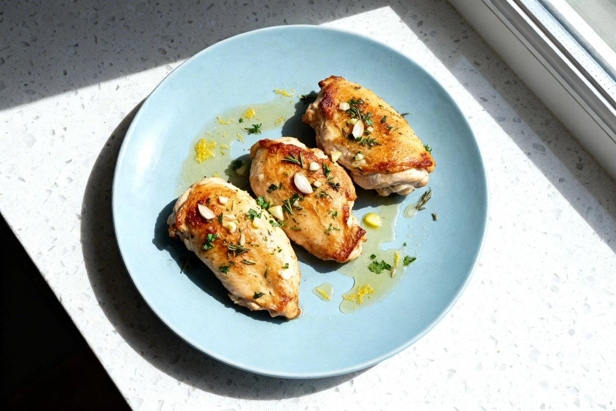 top-down food photo of a single serving of one-pan keto lemon herb chicken: 3 boneless, skinless chi