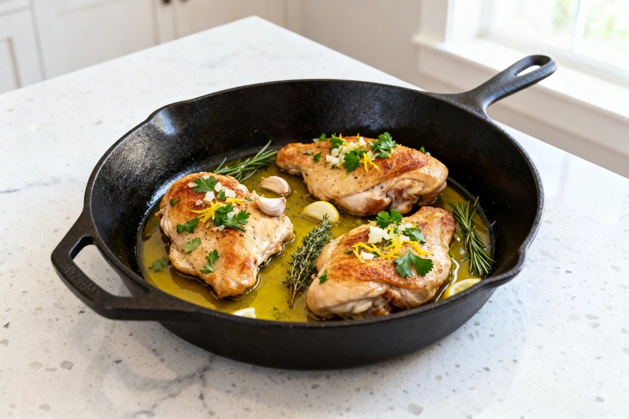 bout 35 degrees) realistic food photo of the same finished one-pan keto lemon herb chicken in its fi