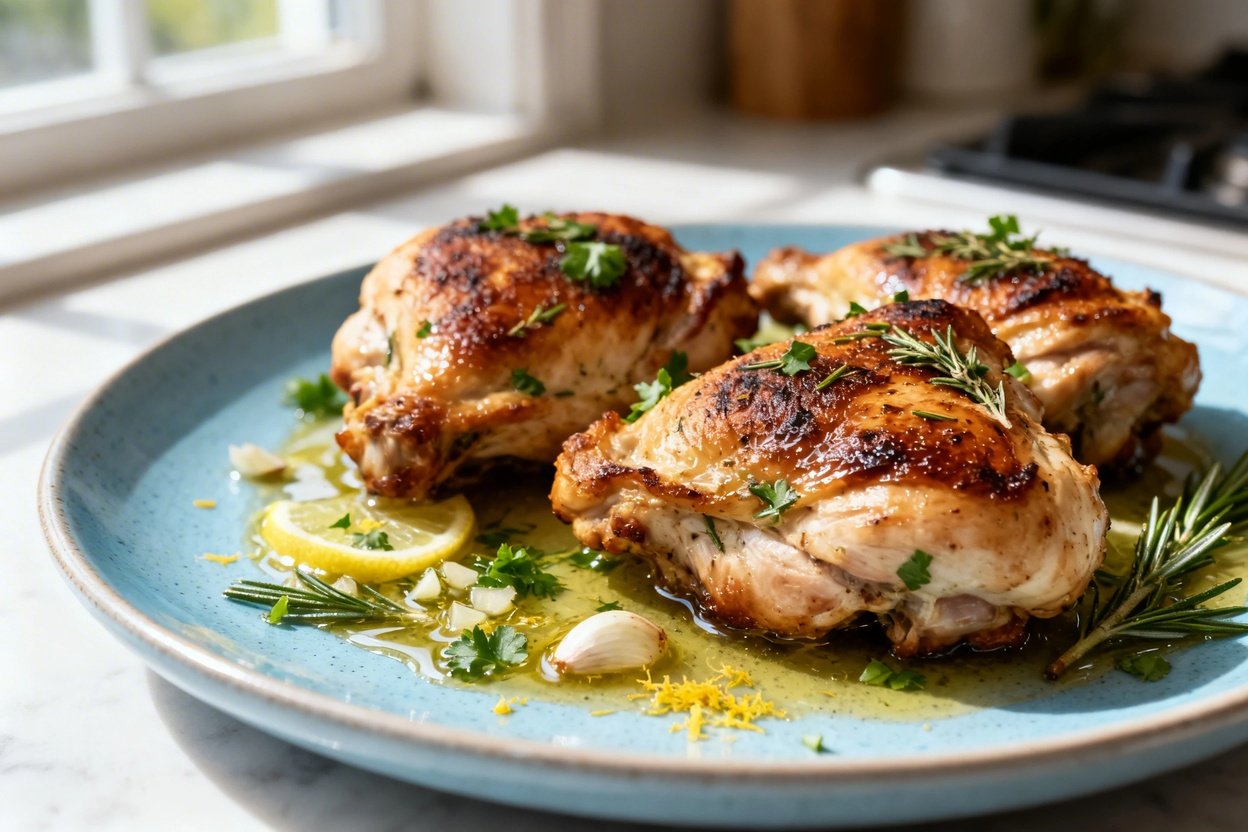  shot (about 40–45 degrees) of the same plated one-pan keto lemon herb chicken on the same light blu