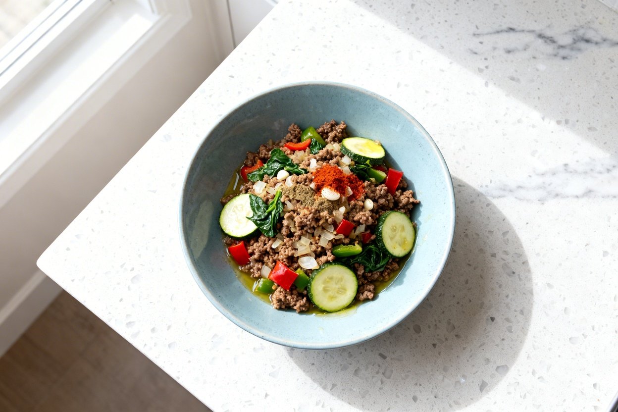 top-down food photo of a single serving of one-pot keto ground beef meal prep bowl: browned ground