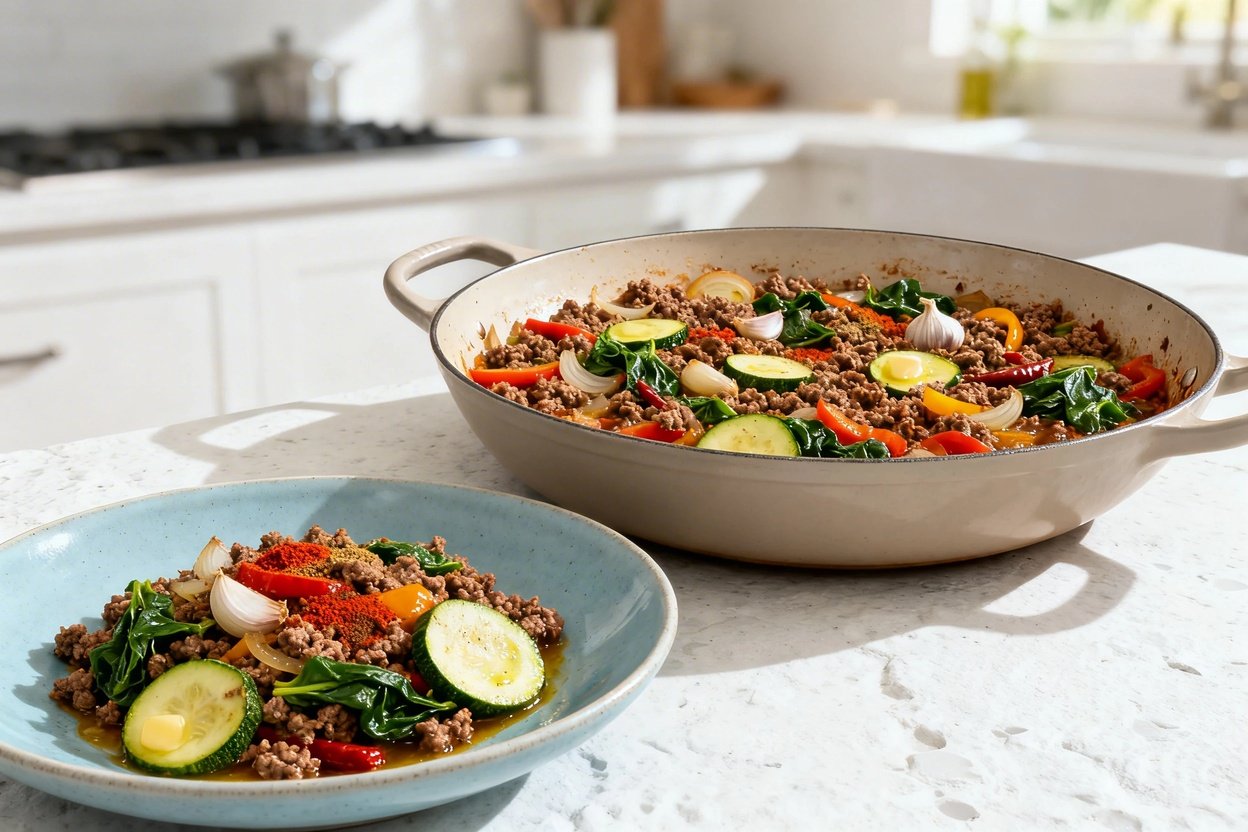 bout 30–40 degrees) photo of the exact same finished one-pot keto ground beef and vegetable mixture