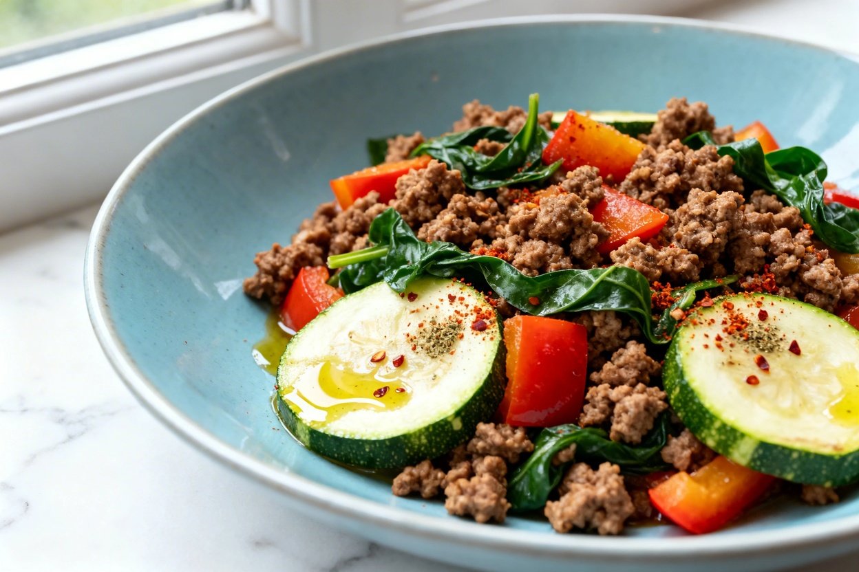 shot (about 30–45 degrees) of the plated one-pot keto ground beef meal prep bowl on the same light