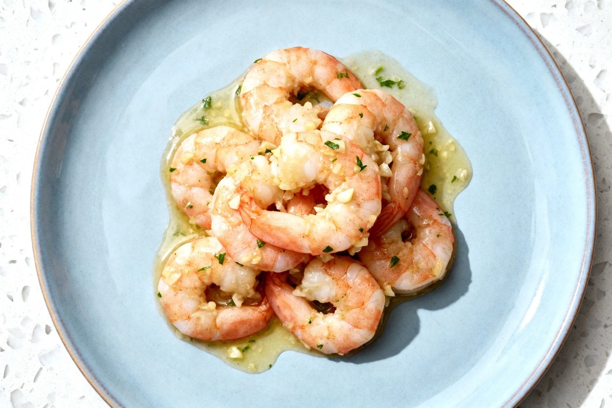 top-down food photo of a single serving of garlic butter shrimp: medium shrimp curled into a loose