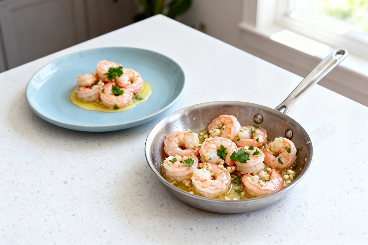 bout 35°) realistic food photograph of the same finished garlic butter shrimp from the same cooking