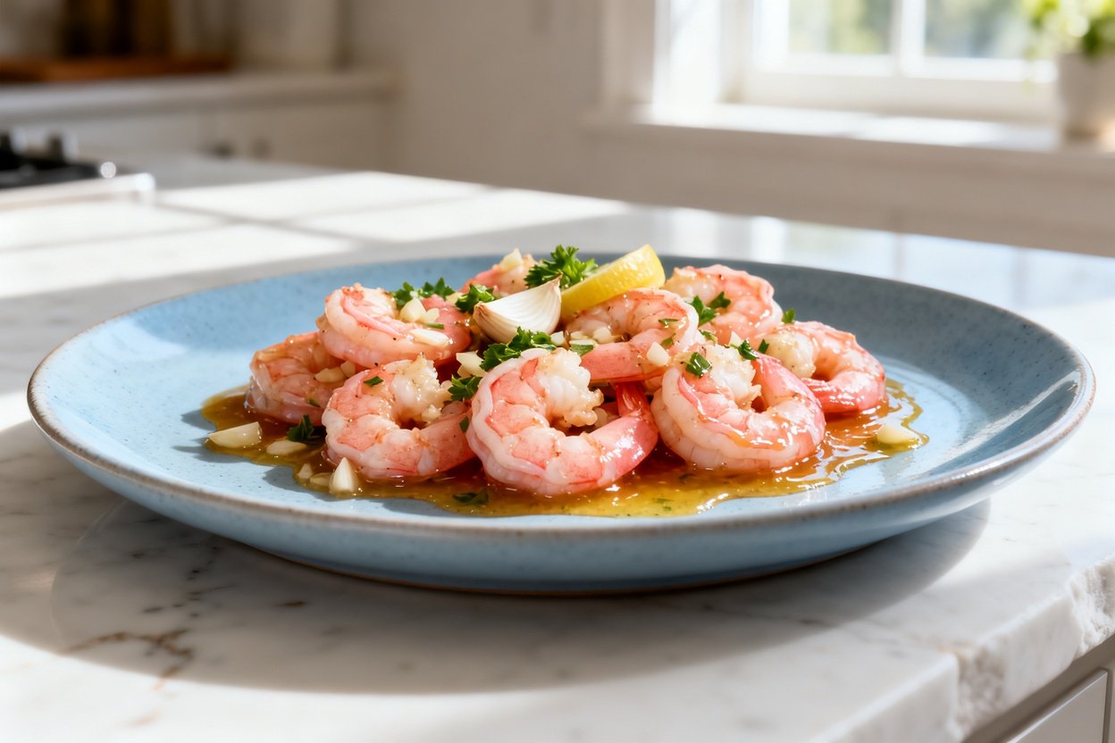 shot (about 40°) of the same finished garlic butter shrimp plated on the same light blue ceramic pl