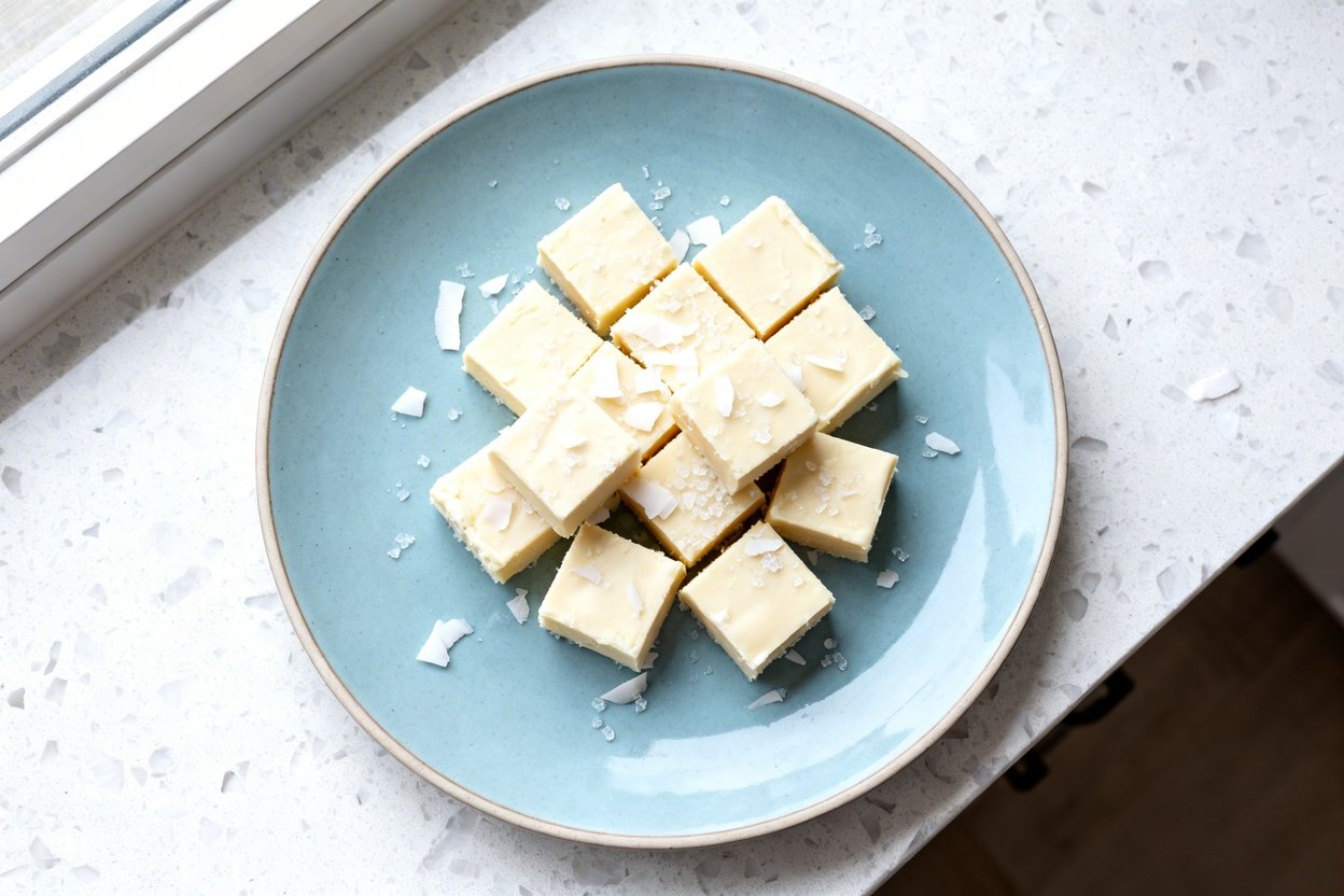 top-down food photo of quick keto white chocolate fudge: a single serving of firm, creamy white fud