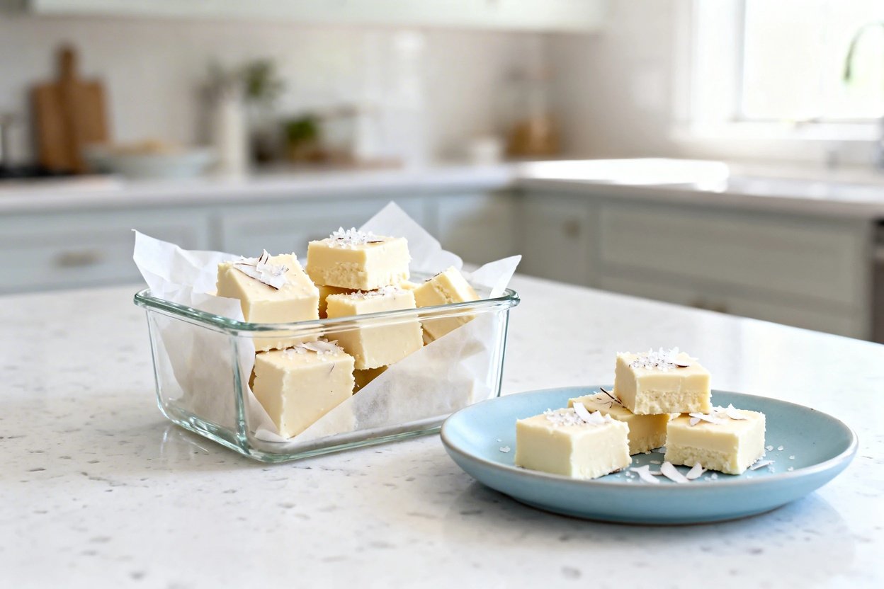 mera perspective (~35 degrees) showing the same finished quick keto white chocolate fudge squares (s