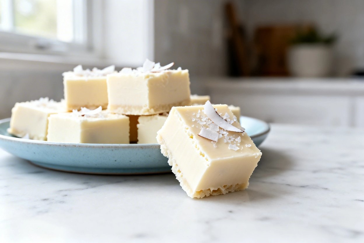 shot (~40–45 degrees) of the same quick keto white chocolate fudge squares on the same light blue c