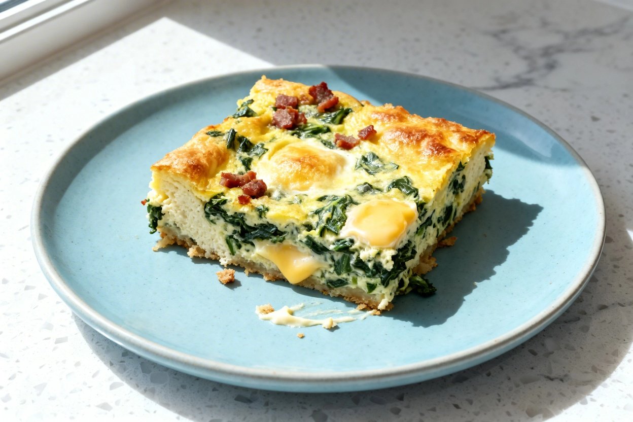 top-down food photo of a single serving slice of keto creamed spinach breakfast casserole (baked egg