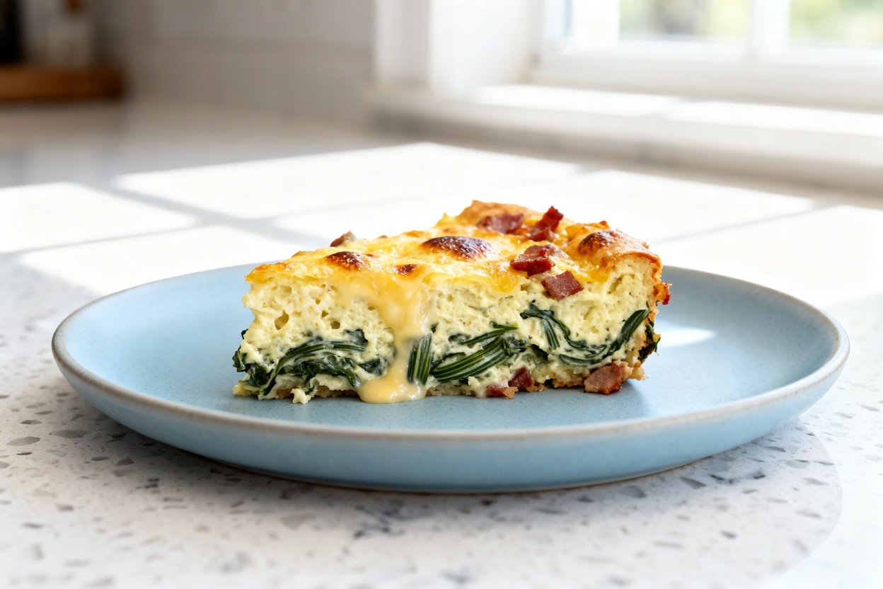  shot at ~35–45° of the same single slice of keto creamed spinach breakfast casserole on the same li