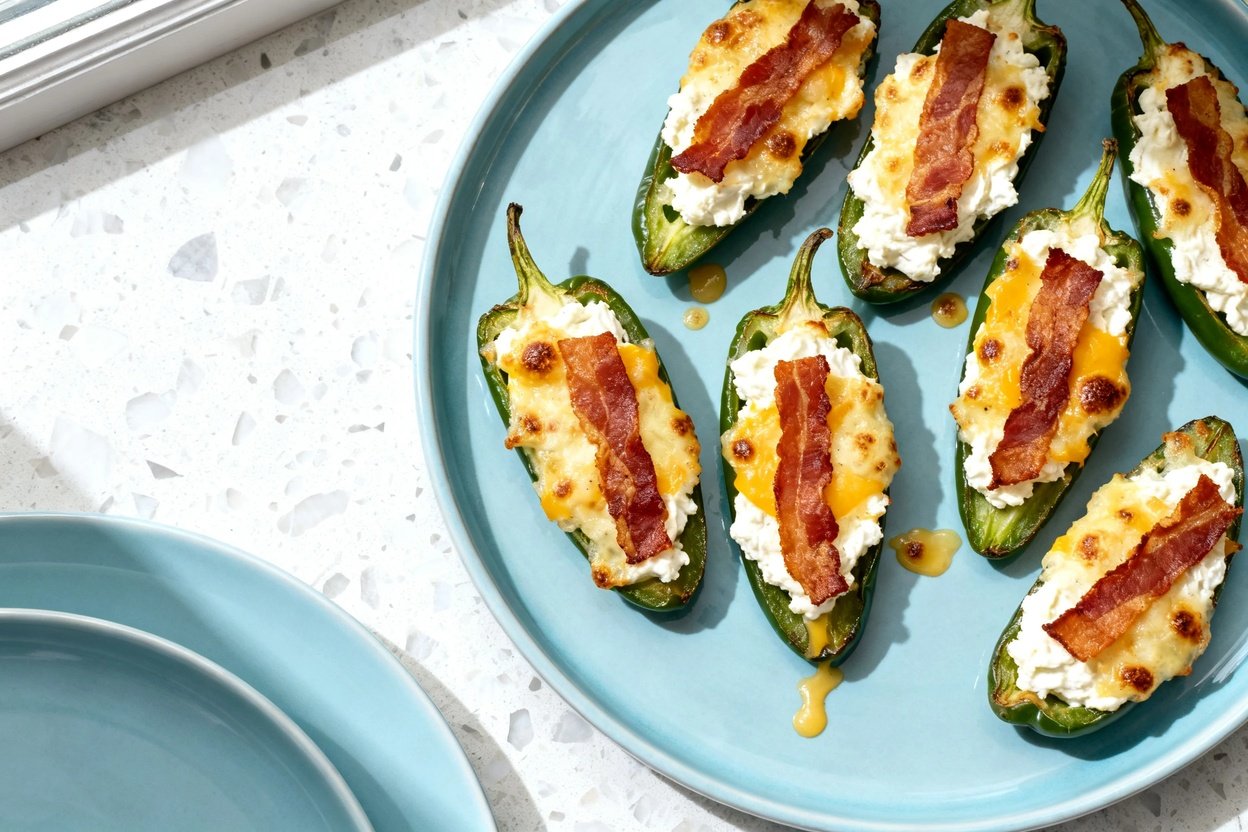 top-down food photo of spicy jalapeño keto poppers: jalapeño halves baked until tender, each stuffed