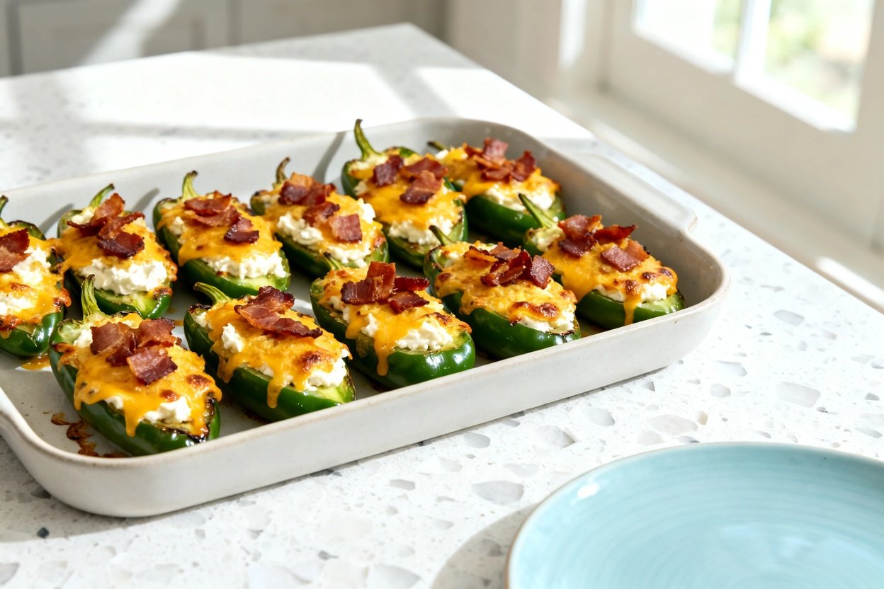 bout 30–40 degrees) contextual photo of the exact same finished spicy jalapeño keto poppers: baked j