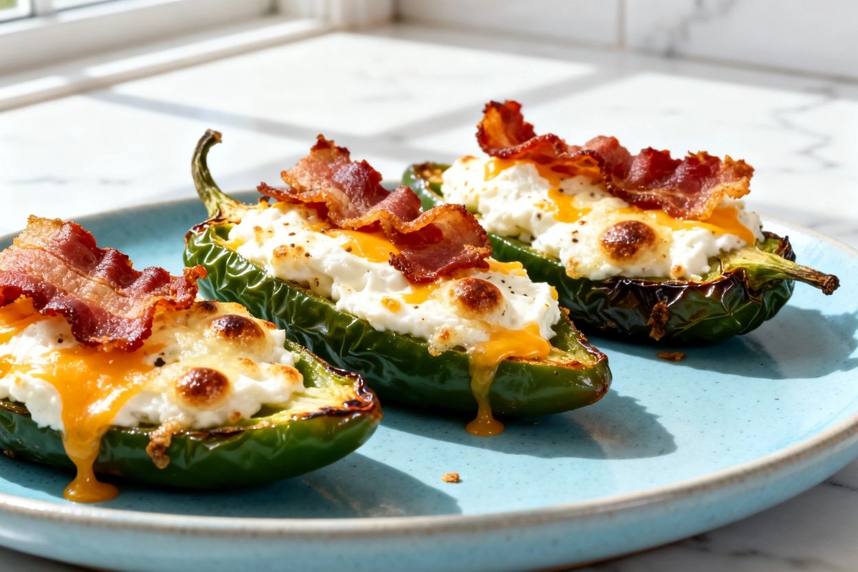  shot (about 30–45 degrees) of the same plated spicy jalapeño keto poppers on the same light blue ce