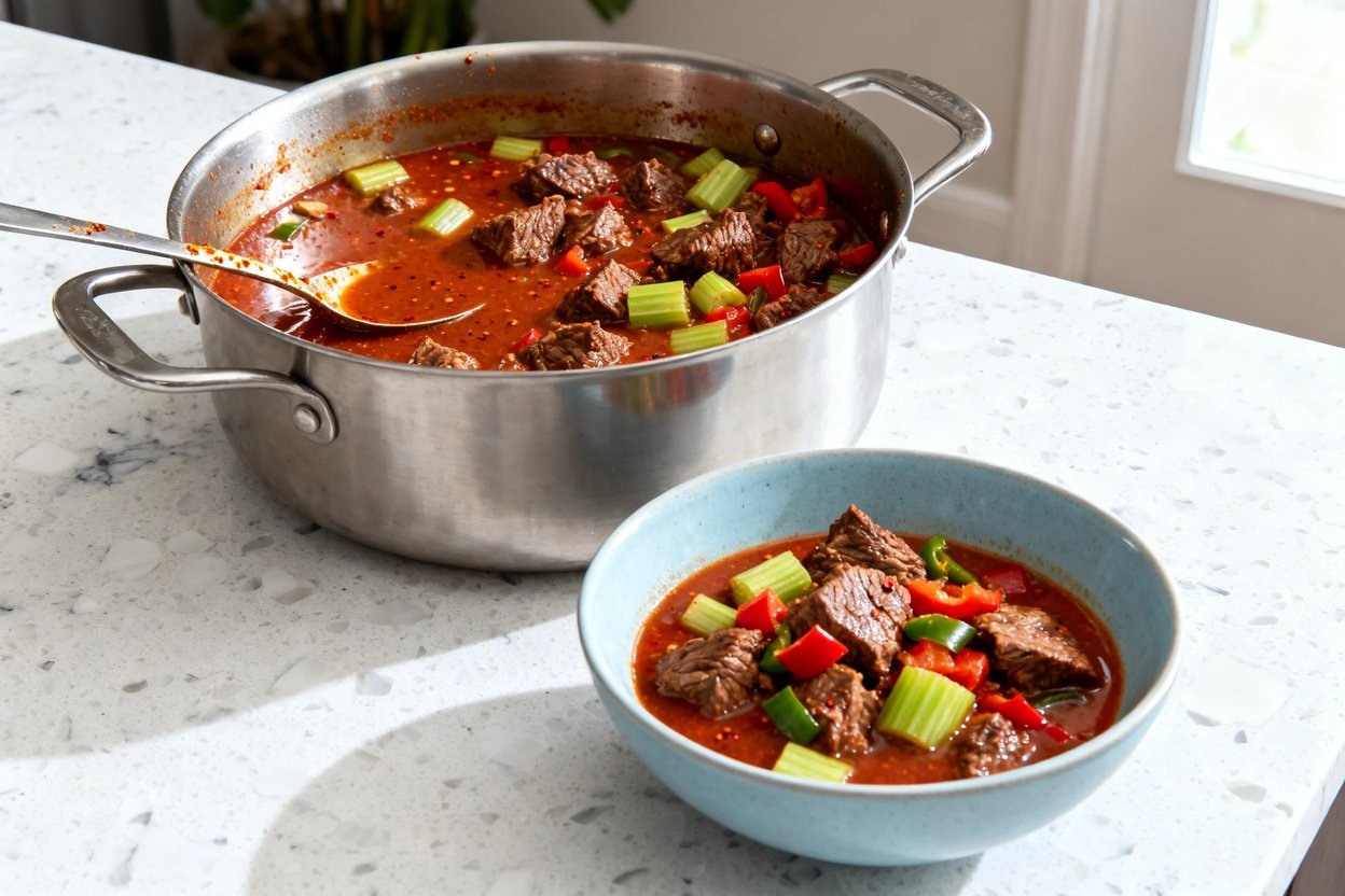 bout 35 degrees) contextual food photo of the same finished spicy keto beef stew, same portion size