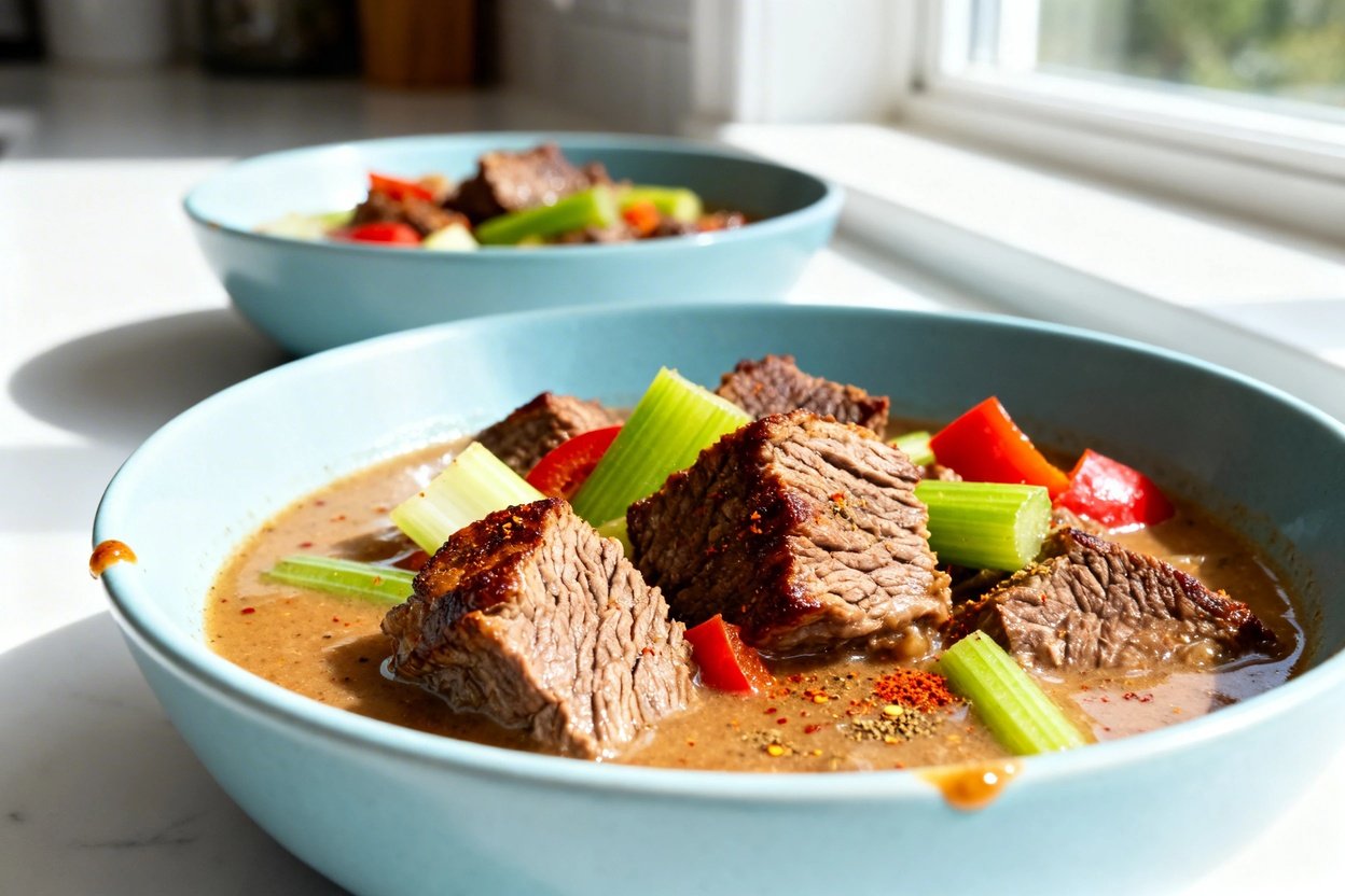 shot (about 40–45 degrees) of the same plated spicy keto beef stew in the same light blue ceramic b