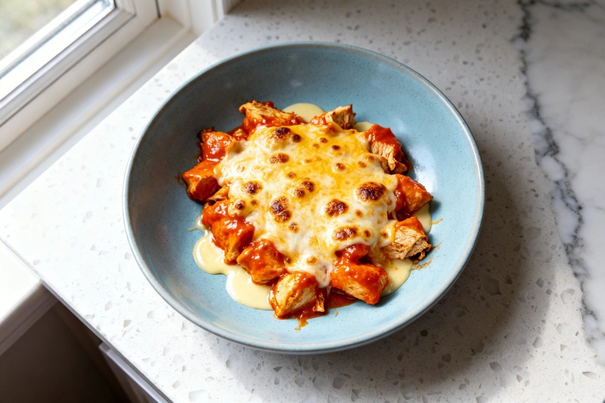 top-down food photo of the finished Keto Buffalo Chicken Skillet serving: tender bite-sized chicken
