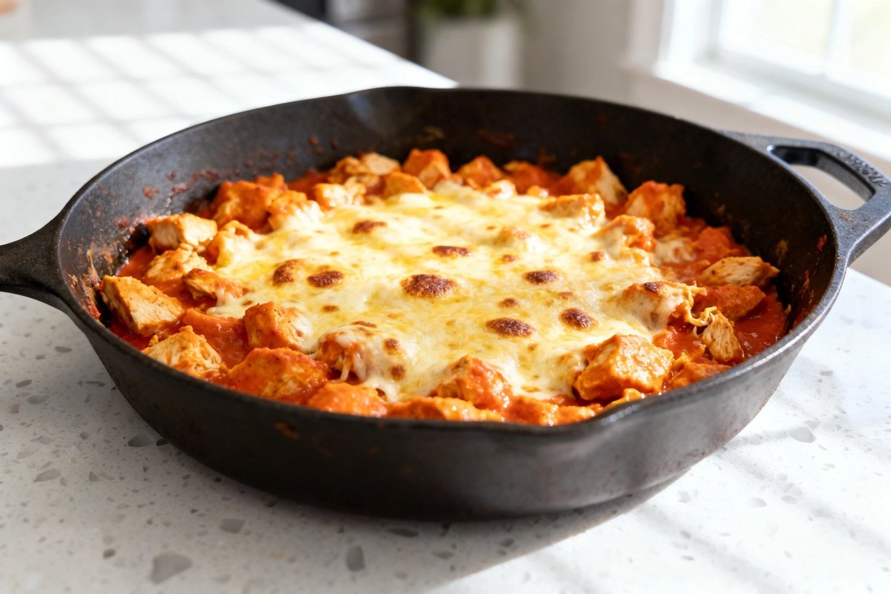 –40° perspective photo of the same finished Keto Buffalo Chicken Skillet portion (same shape and str