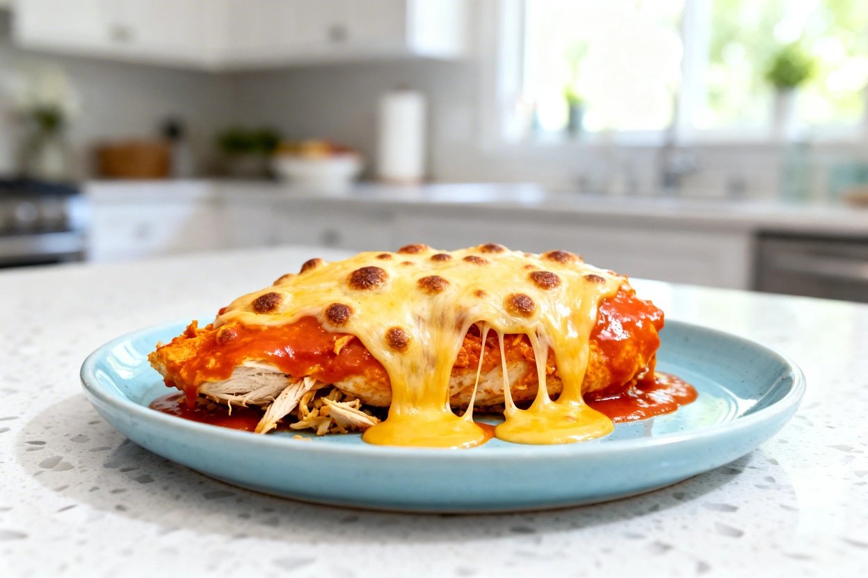  shot at ~35–45° of the same finished Keto Buffalo Chicken Skillet serving plated on the identical l