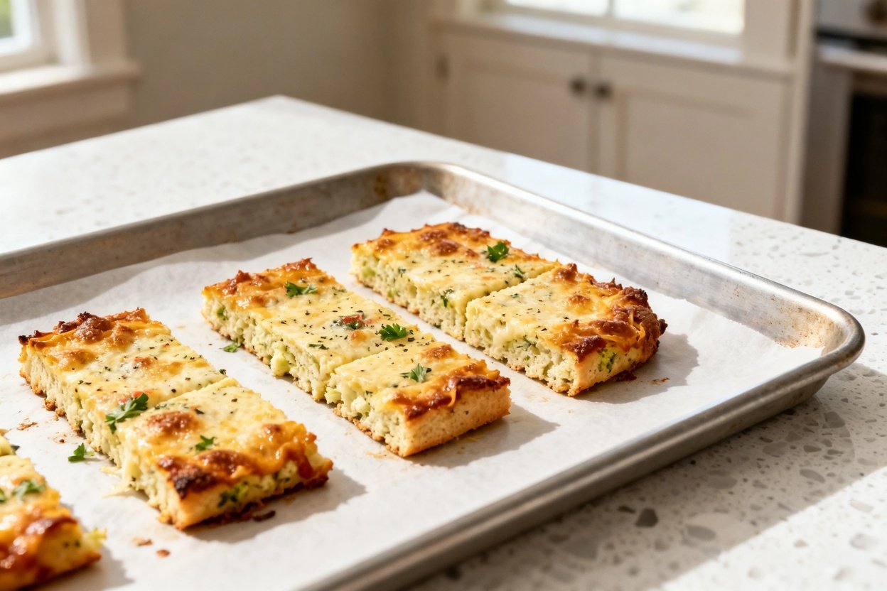 0–40 degrees) contextual food photo of the exact same finished cheesy keto cauliflower breadsticks (