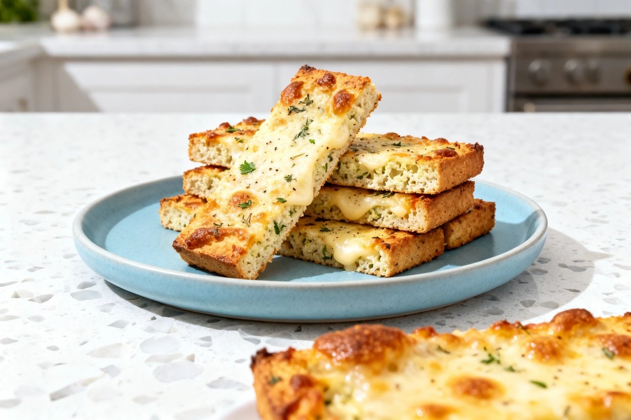  shot (30–45 degrees) of the same finished cheesy keto cauliflower breadsticks plated on the same st