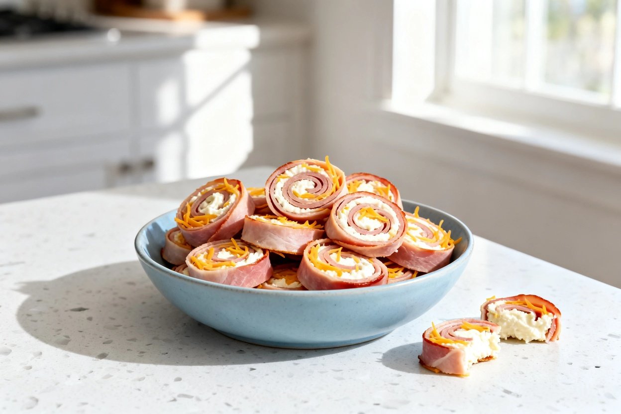 –40 degree camera view of the exact same cheesy keto ham roll-ups (thin deli ham spirals with cream