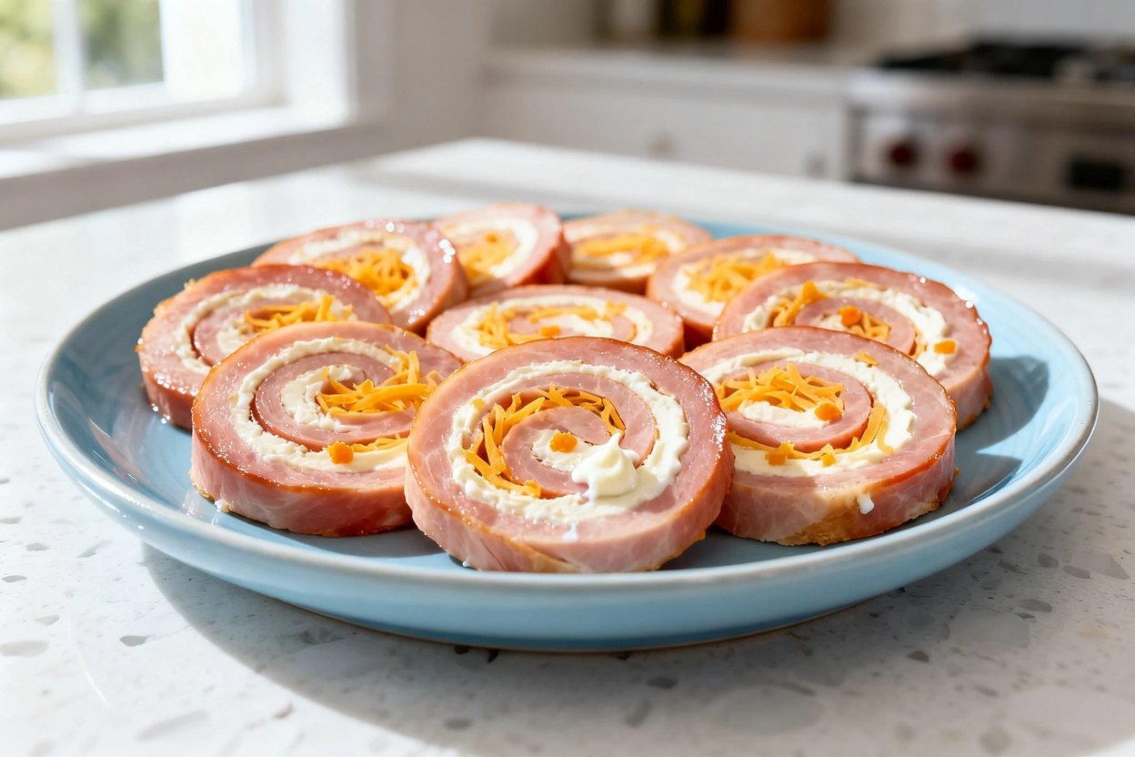  shot at 30–45 degrees of the same finished cheesy keto ham roll-ups, identical pinwheel slices (thi