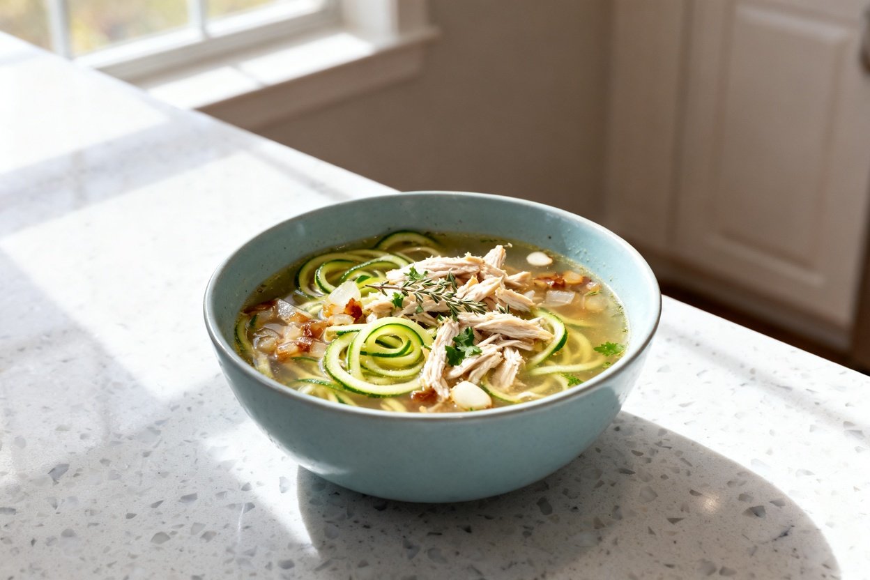 bout 35 degrees) realistic food photograph of the exact same keto chicken zoodle soup, same single p
