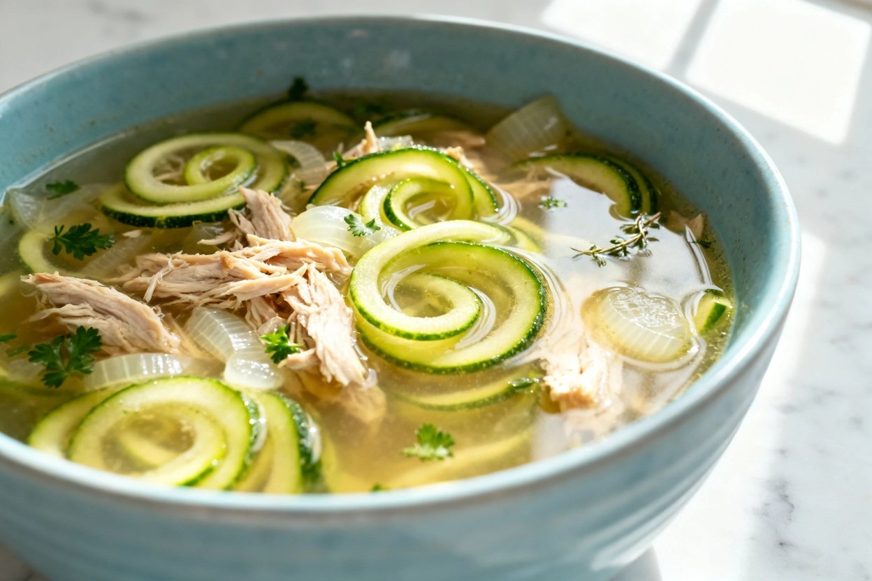  shot (about 40–45 degrees) of the same finished keto chicken zoodle soup in the same light blue cer
