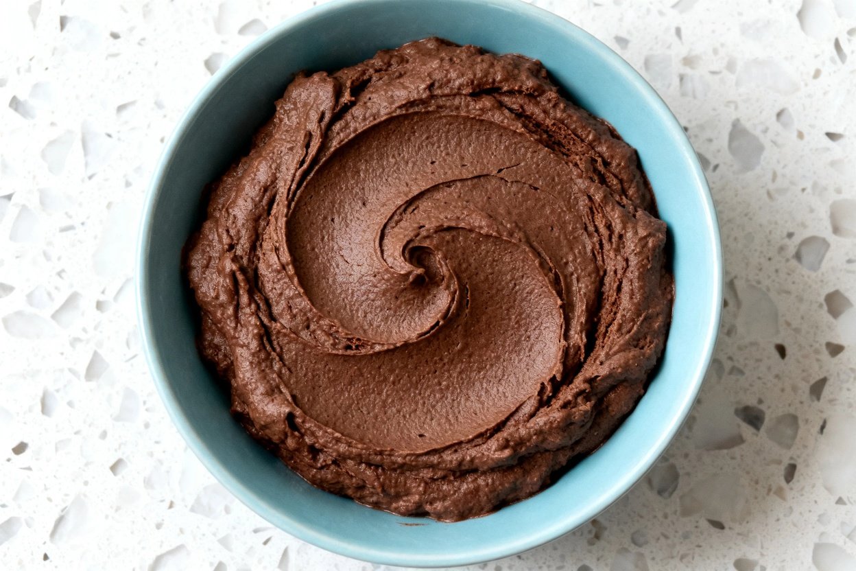 top-down food photograph of a single serving of easy keto chocolate avocado mousse: a thick, velvety