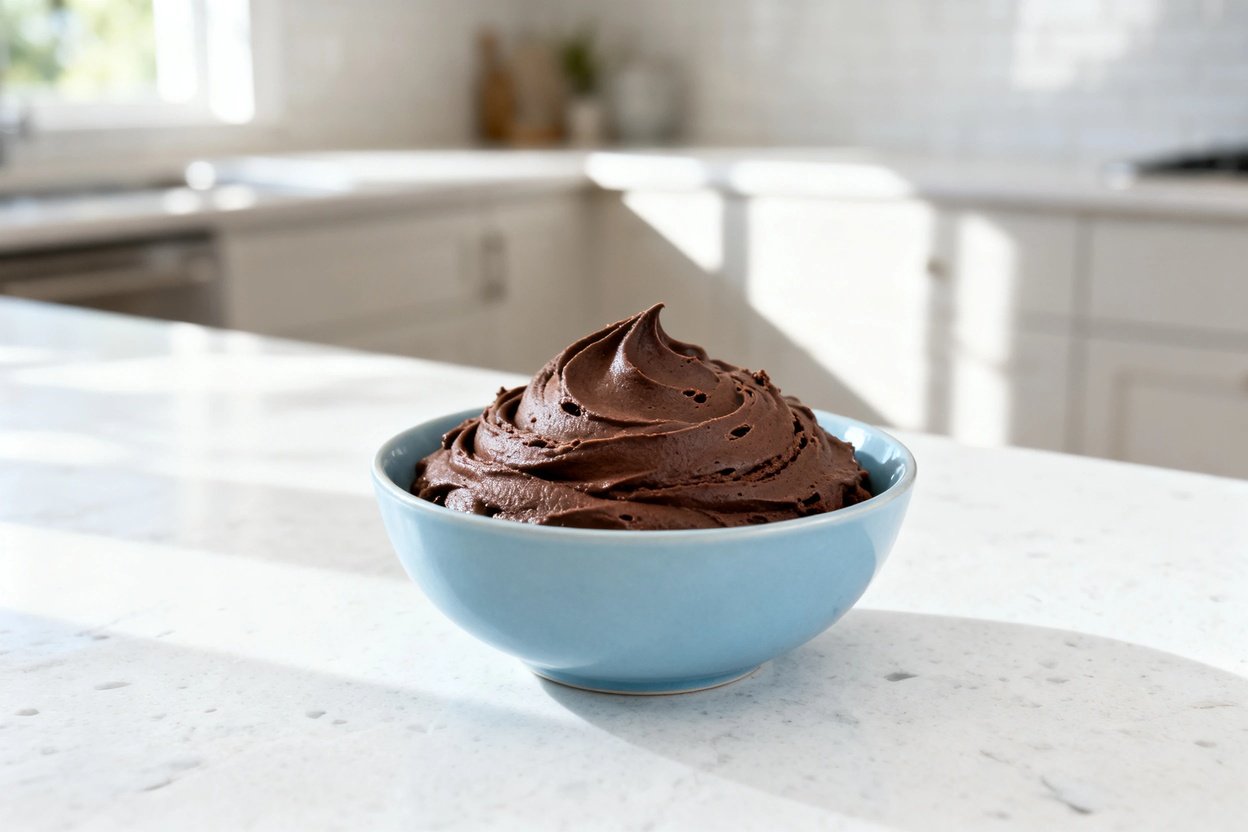 bout 35 degrees) realistic food photo of the same finished keto chocolate avocado mousse, identical 