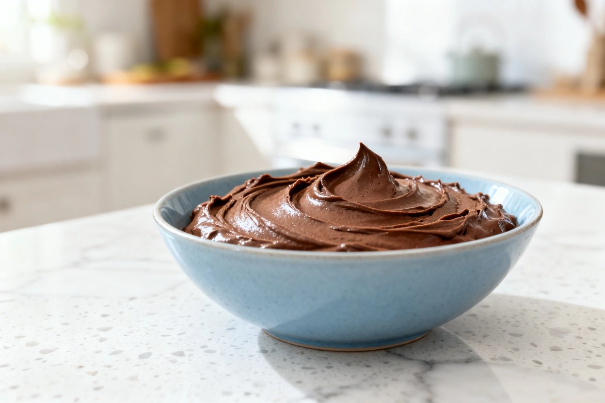 shot (about 40–45 degrees) of the same finished easy keto chocolate avocado mousse in the same ligh