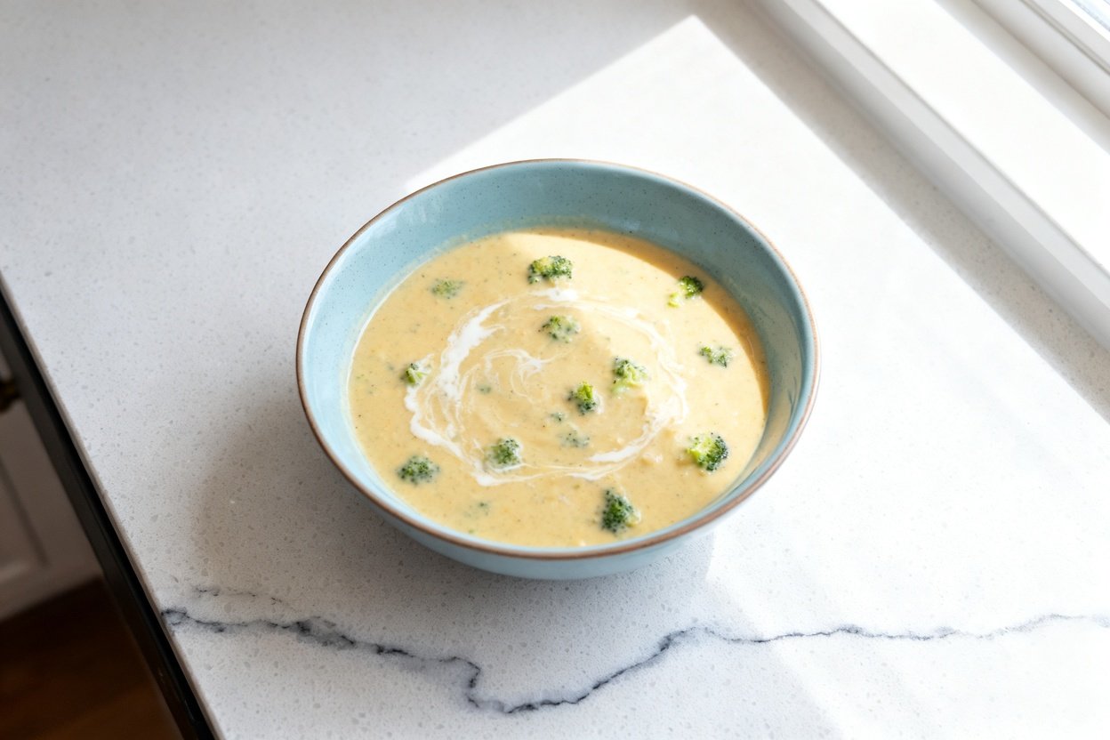 top-down food photo of a single serving of creamy keto broccoli cheddar soup: a thick, velvety pale-
