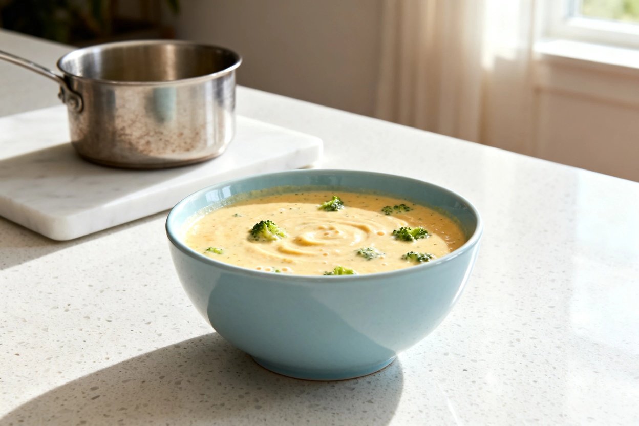 bout 35 degrees) realistic photo of the exact same finished creamy keto broccoli cheddar soup, same 