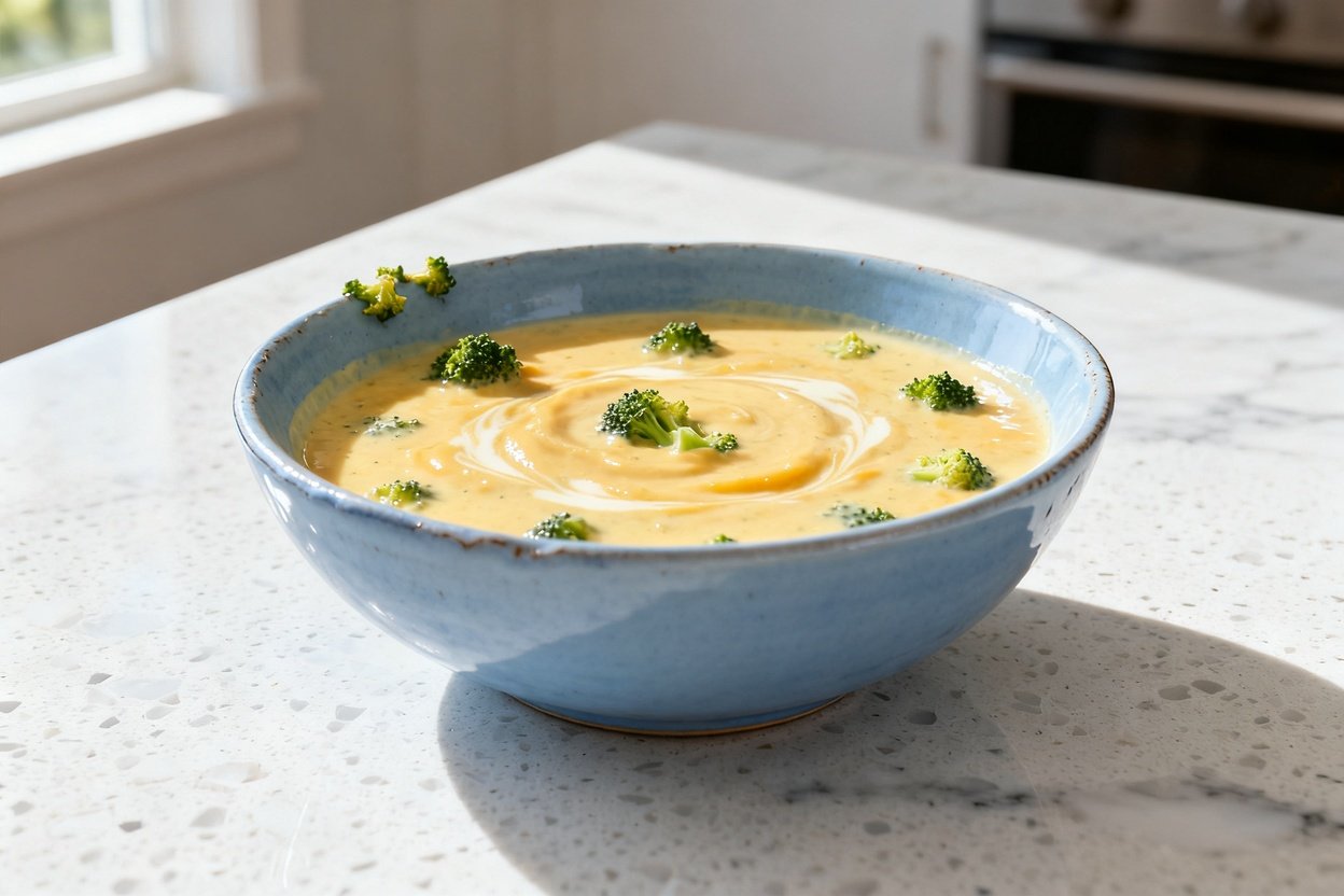  shot (about 40–45 degrees) of the same creamy keto broccoli cheddar soup plated in the same light b