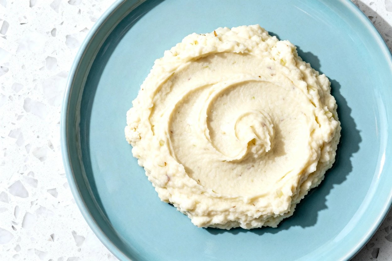 top-down food photo of a single serving of creamy low-carb cauliflower mash (keto mashed cauliflower