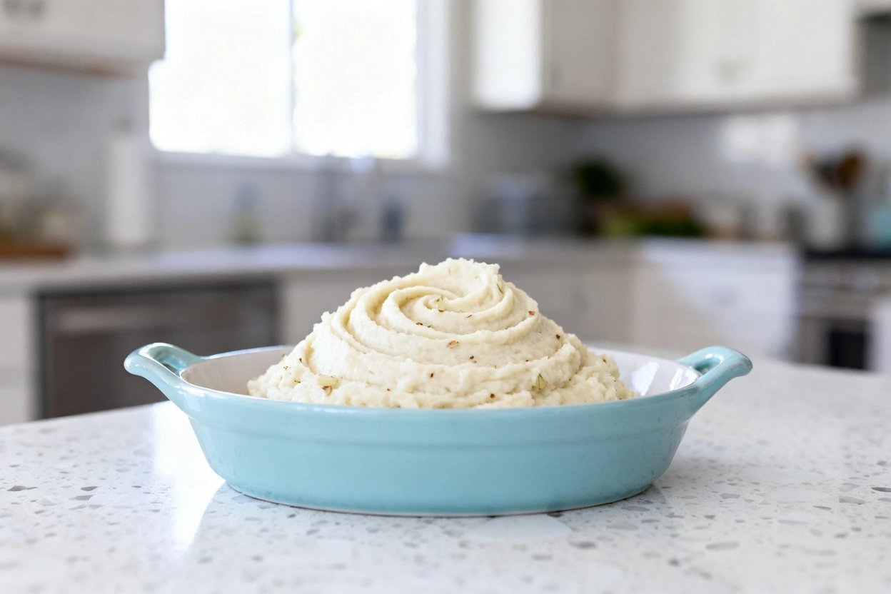bout 30–40 degrees) realistic food photo of the exact same creamy keto cauliflower mash portion and