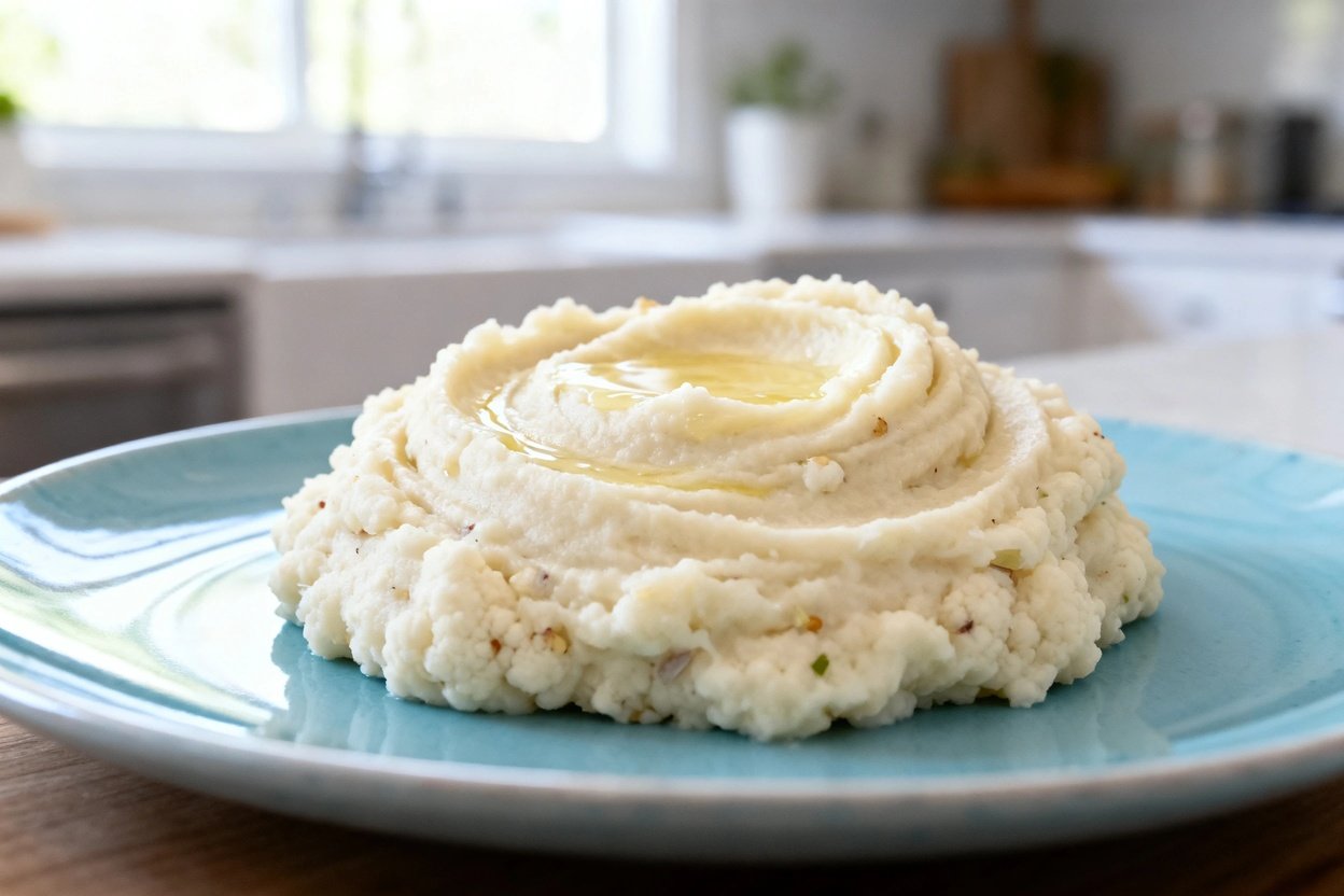  shot (about 30–45 degrees) of the same finished creamy low-carb cauliflower mash on the same light