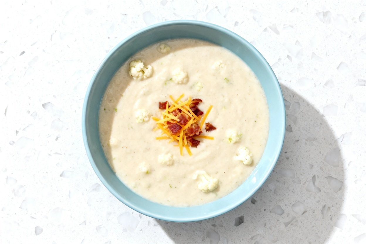 top-down food photo of a single serving bowl of creamy keto cauliflower soup, thick and spoon-coatin