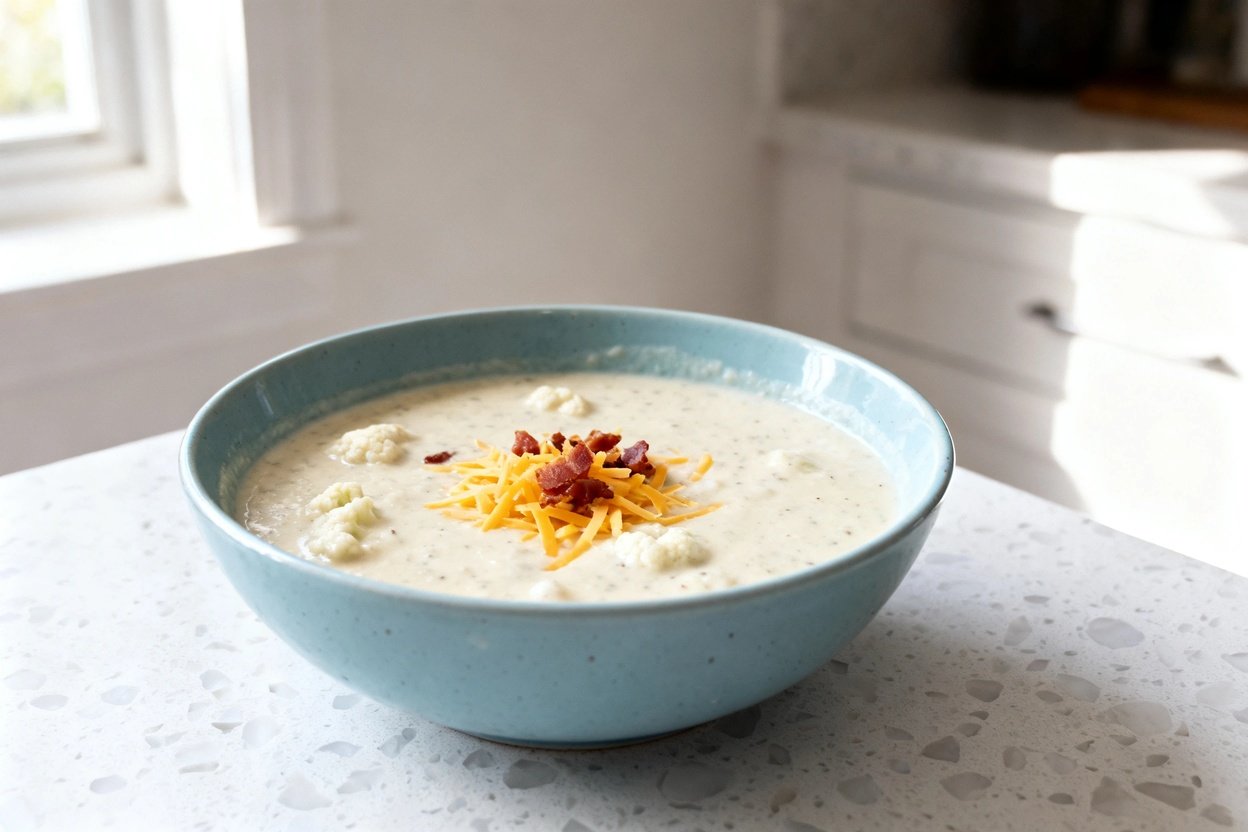 bout 35 degrees) realistic home-kitchen photo of the exact same finished creamy keto cauliflower sou