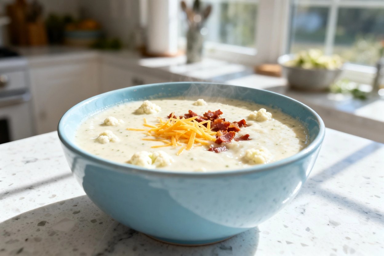  shot (about 40–45 degrees) of the same finished creamy keto cauliflower soup in the same identical 