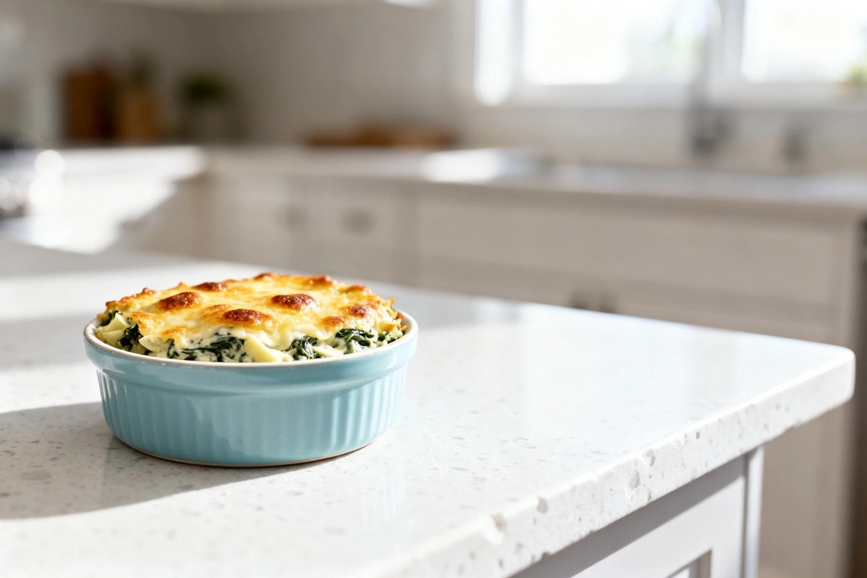 bout 35°) camera view of the same finished keto spinach artichoke dip bake immediately after baking,