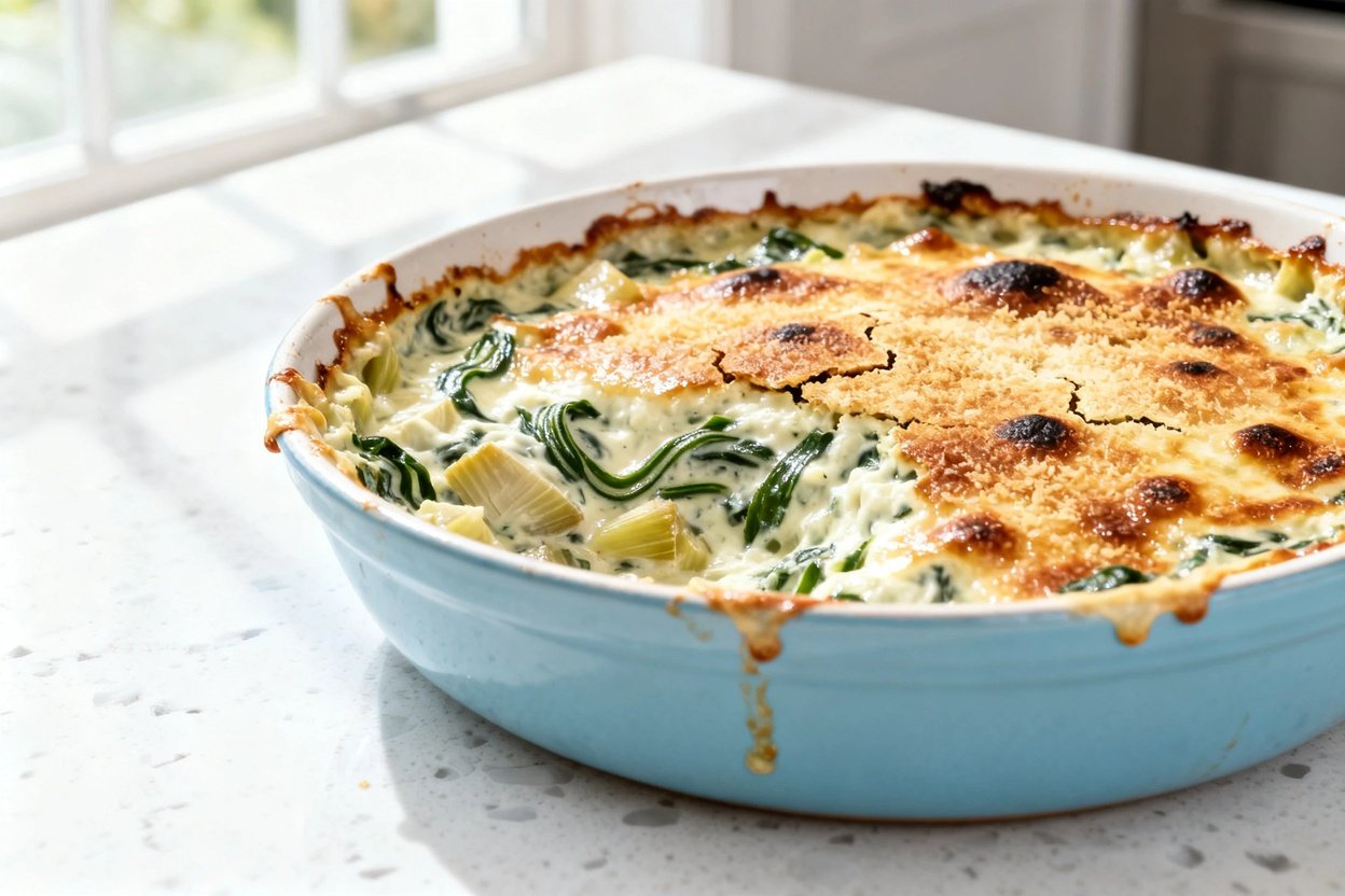  shot (about 40–45°) of the same plated keto spinach artichoke dip bake in the same light blue ceram