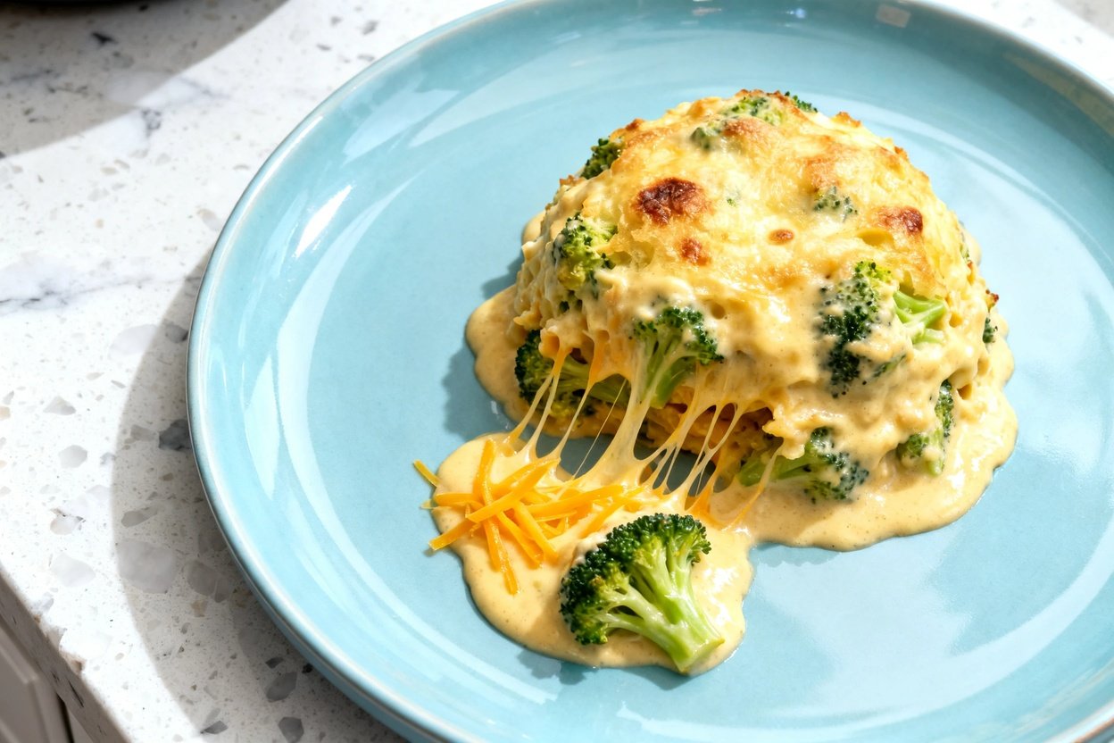 top-down food photo of a single serving of creamy keto cheddar broccoli casserole, baked until bubbl