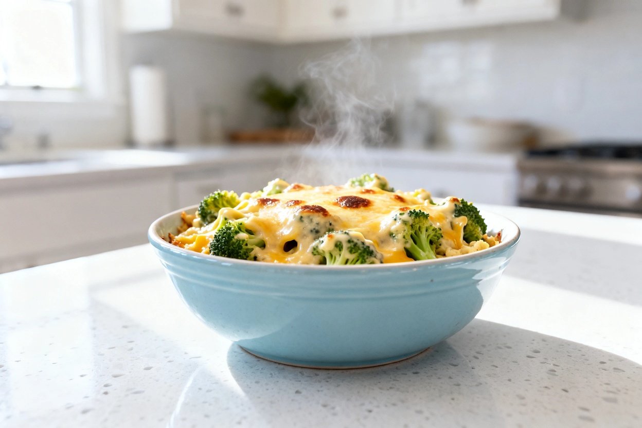 –40 degree view of the exact same finished creamy low-carb cheddar broccoli casserole, showing the s